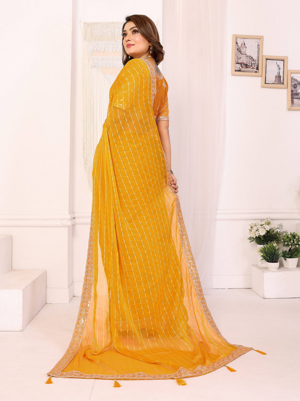 Vedant Vastram Georgette Embroidered & Sequin work Bollywood Fancy Saree - Mustard | Grocsy