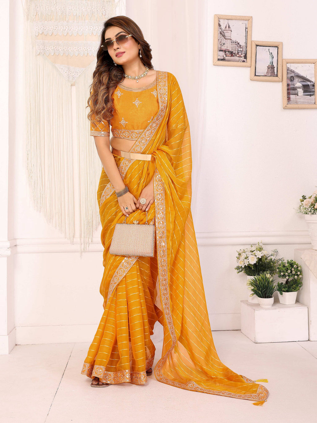 Vedant Vastram Georgette Embroidered & Sequin work Bollywood Fancy Saree - Mustard | Grocsy