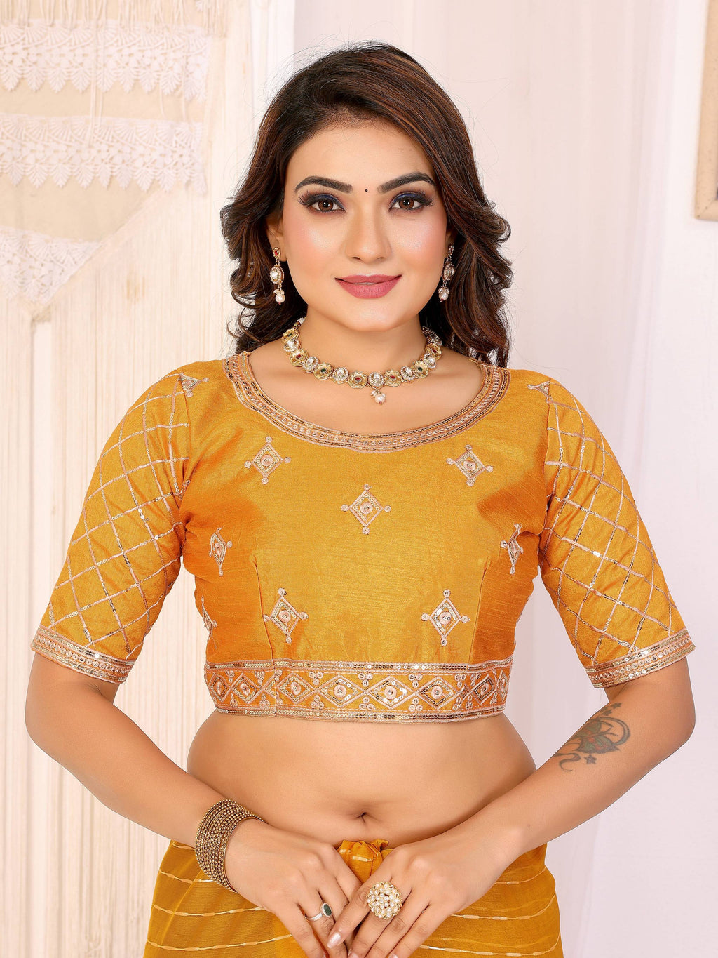 Vedant Vastram Georgette Embroidered & Sequin work Bollywood Fancy Saree - Mustard | Grocsy