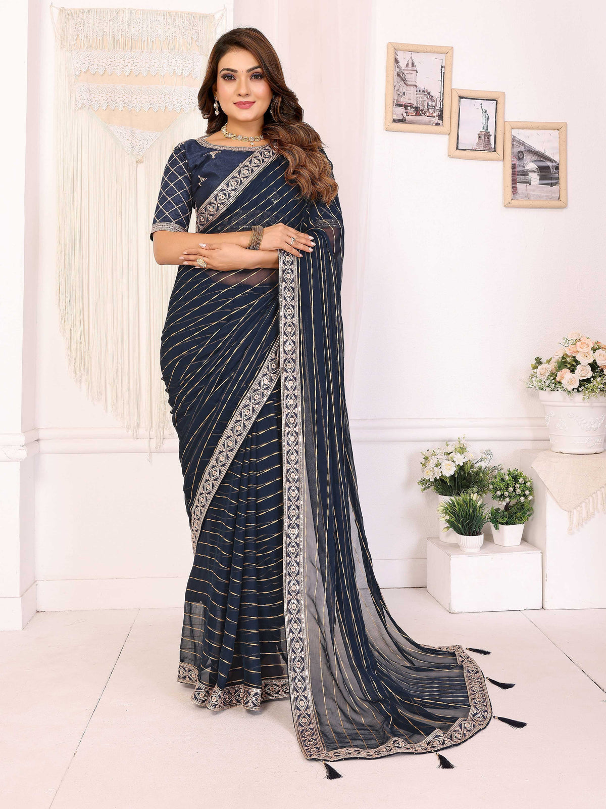 Vedant Vastram Georgette Embroidered & Sequin work Bollywood Fancy Saree - Navy Blue | Grocsy