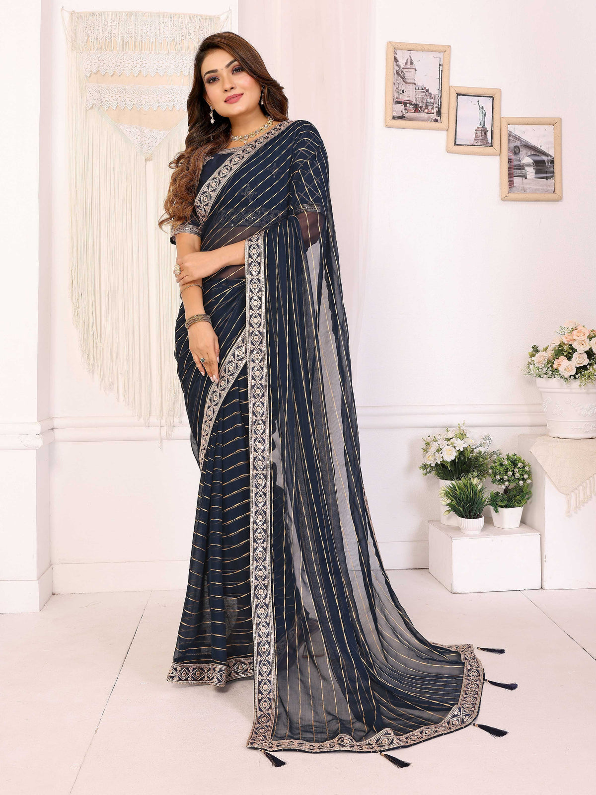 Vedant Vastram Georgette Embroidered & Sequin work Bollywood Fancy Saree - Navy Blue | Grocsy