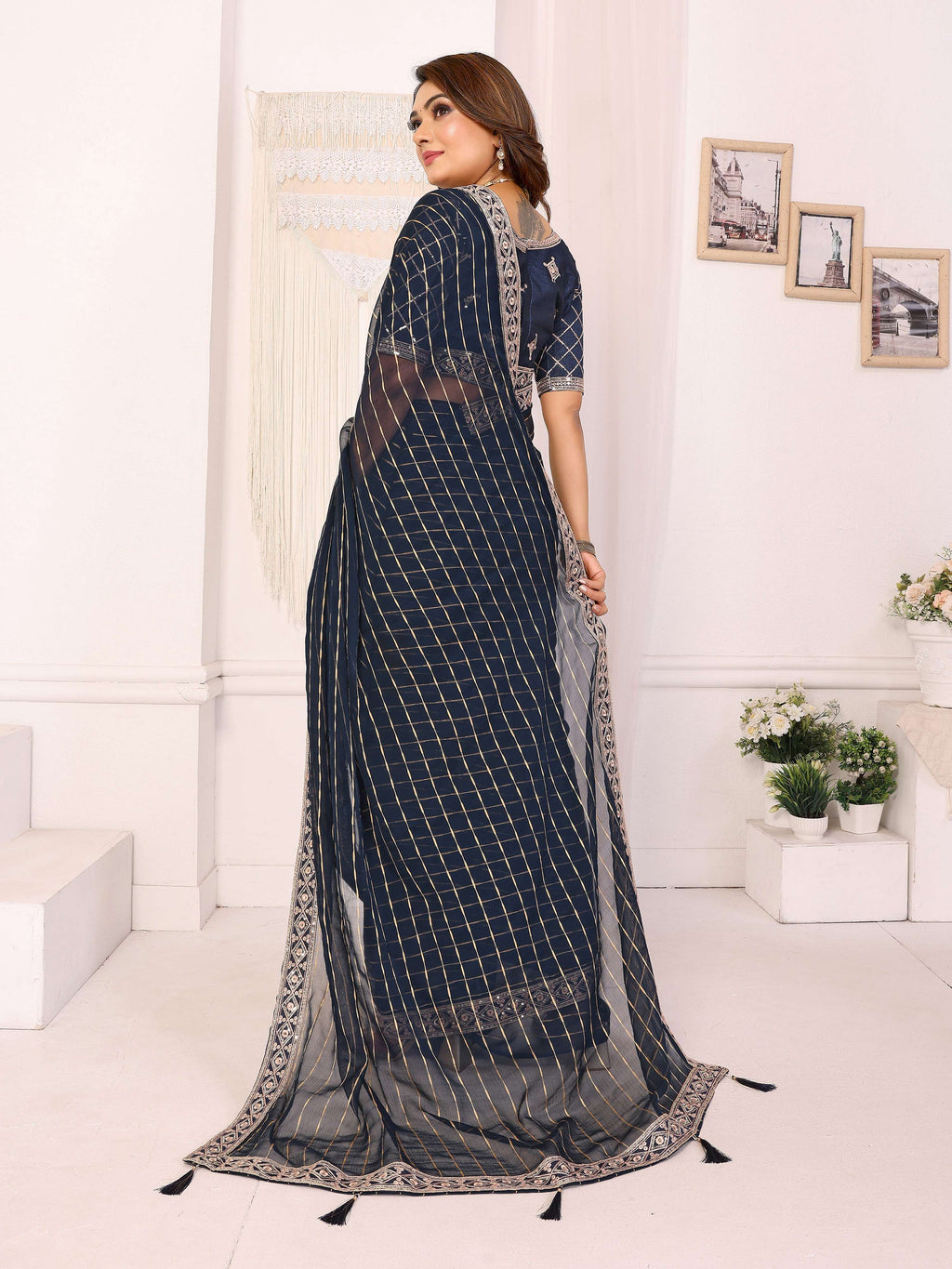 Vedant Vastram Georgette Embroidered & Sequin work Bollywood Fancy Saree - Navy Blue | Grocsy