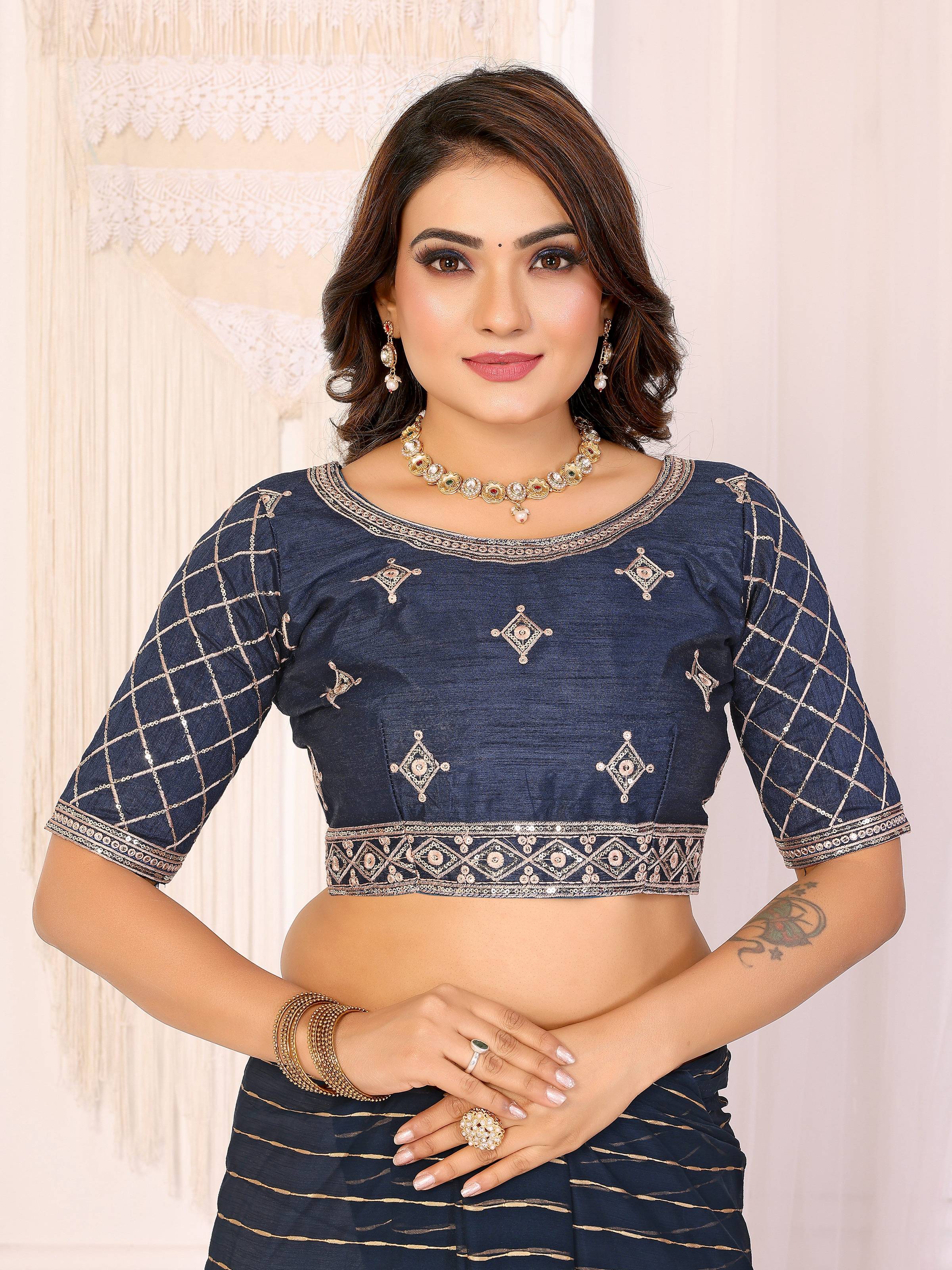 Vedant Vastram Georgette Embroidered & Sequin work Bollywood Fancy Saree - Navy Blue | Grocsy