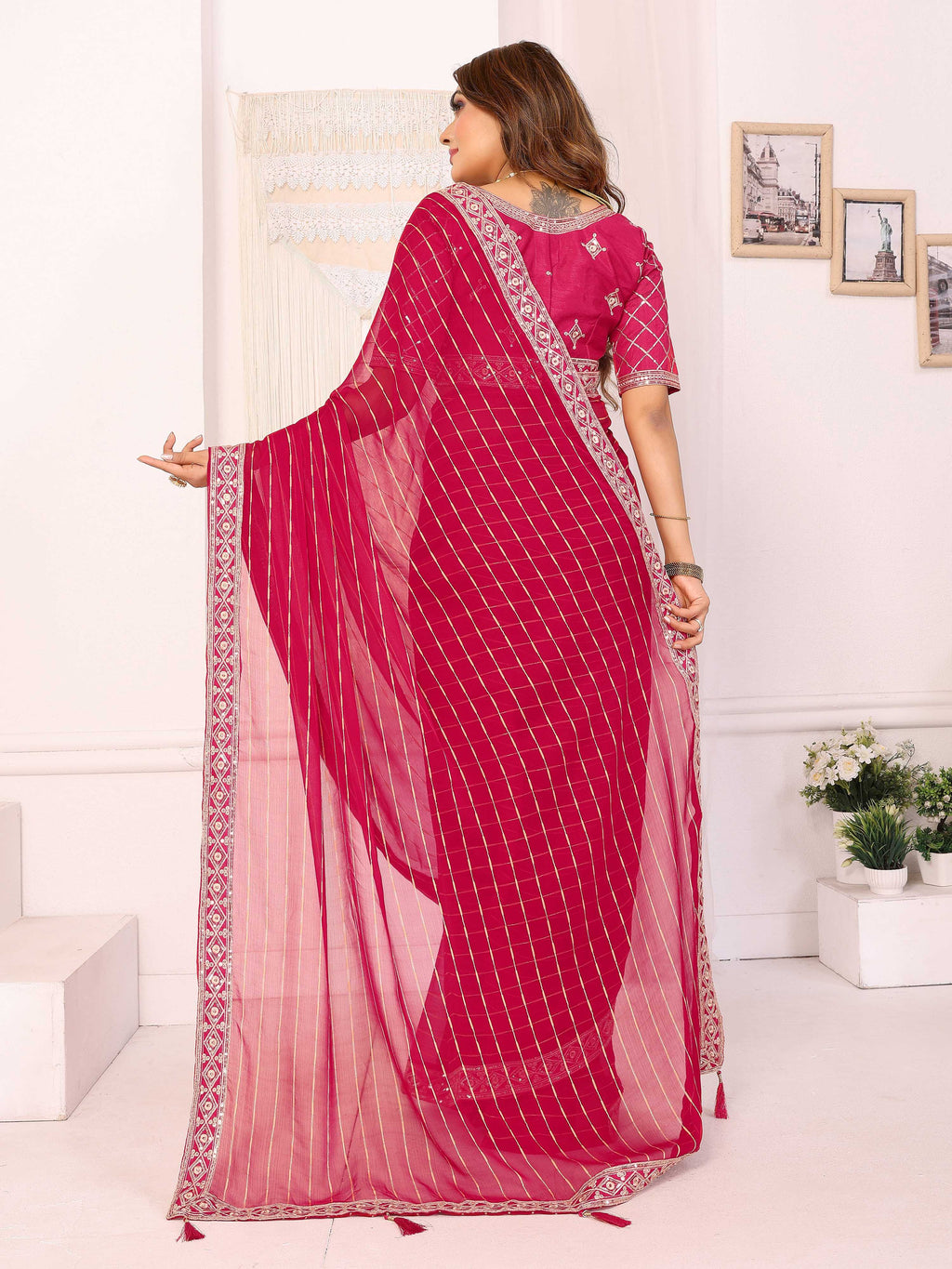 Vedant Vastram Georgette Embroidered & Sequin work Bollywood Fancy Saree - Pink | Grocsy