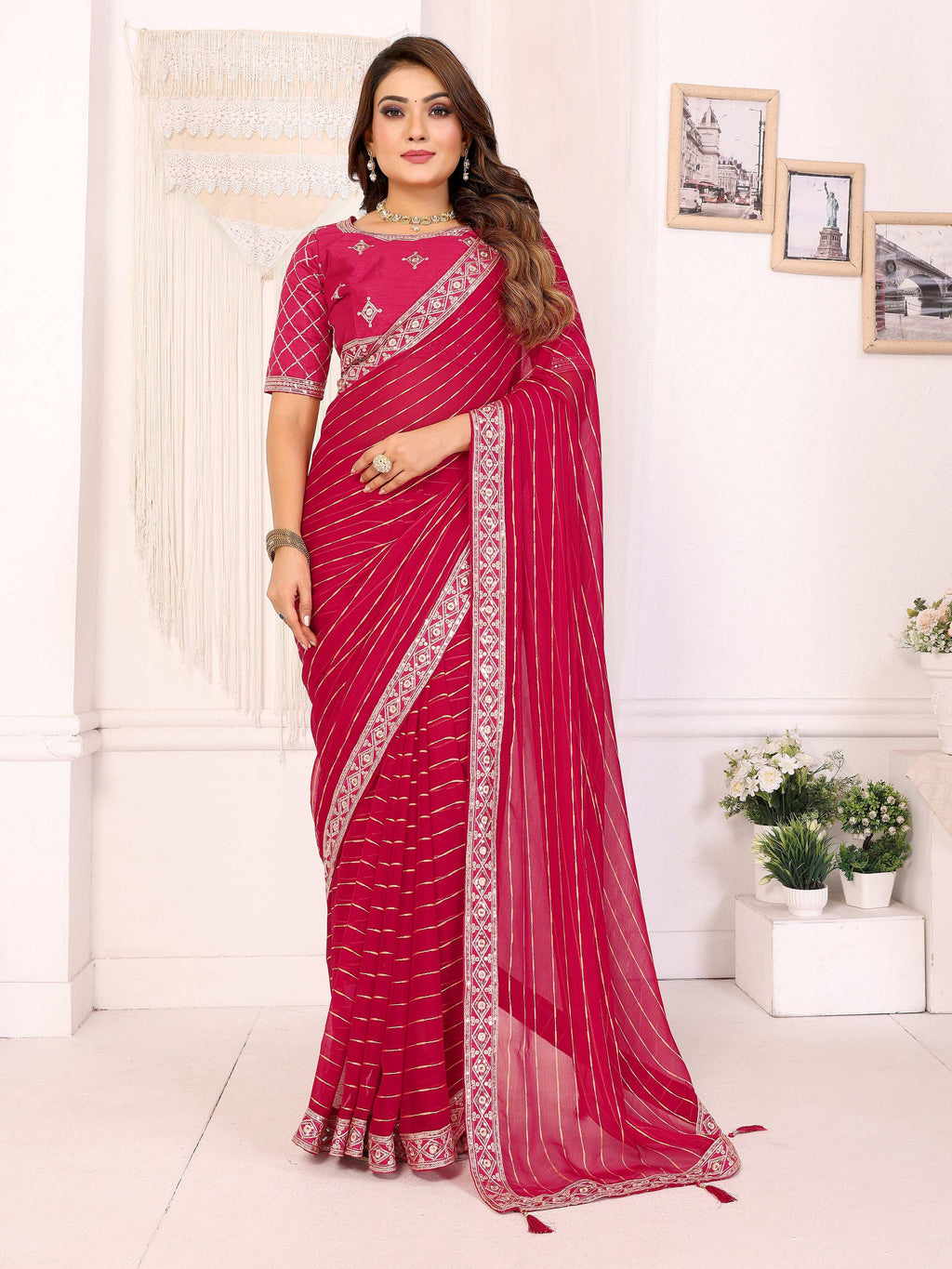Vedant Vastram Georgette Embroidered & Sequin work Bollywood Fancy Saree - Pink | Grocsy