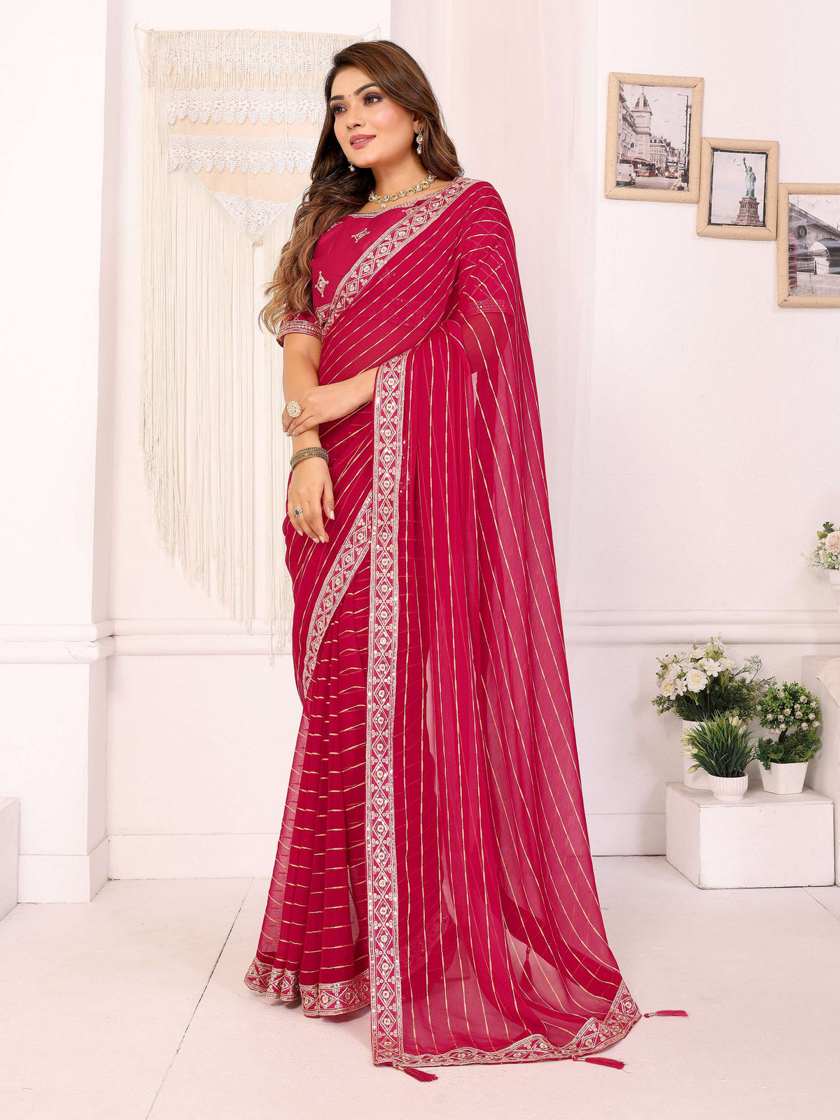 Vedant Vastram Georgette Embroidered & Sequin work Bollywood Fancy Saree - Pink | Grocsy