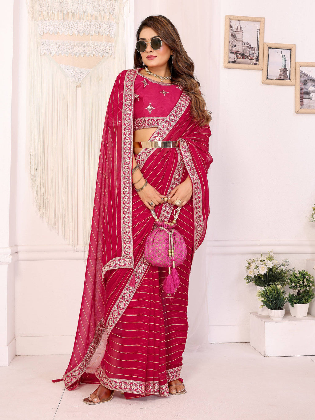 Vedant Vastram Georgette Embroidered & Sequin work Bollywood Fancy Saree - Pink | Grocsy