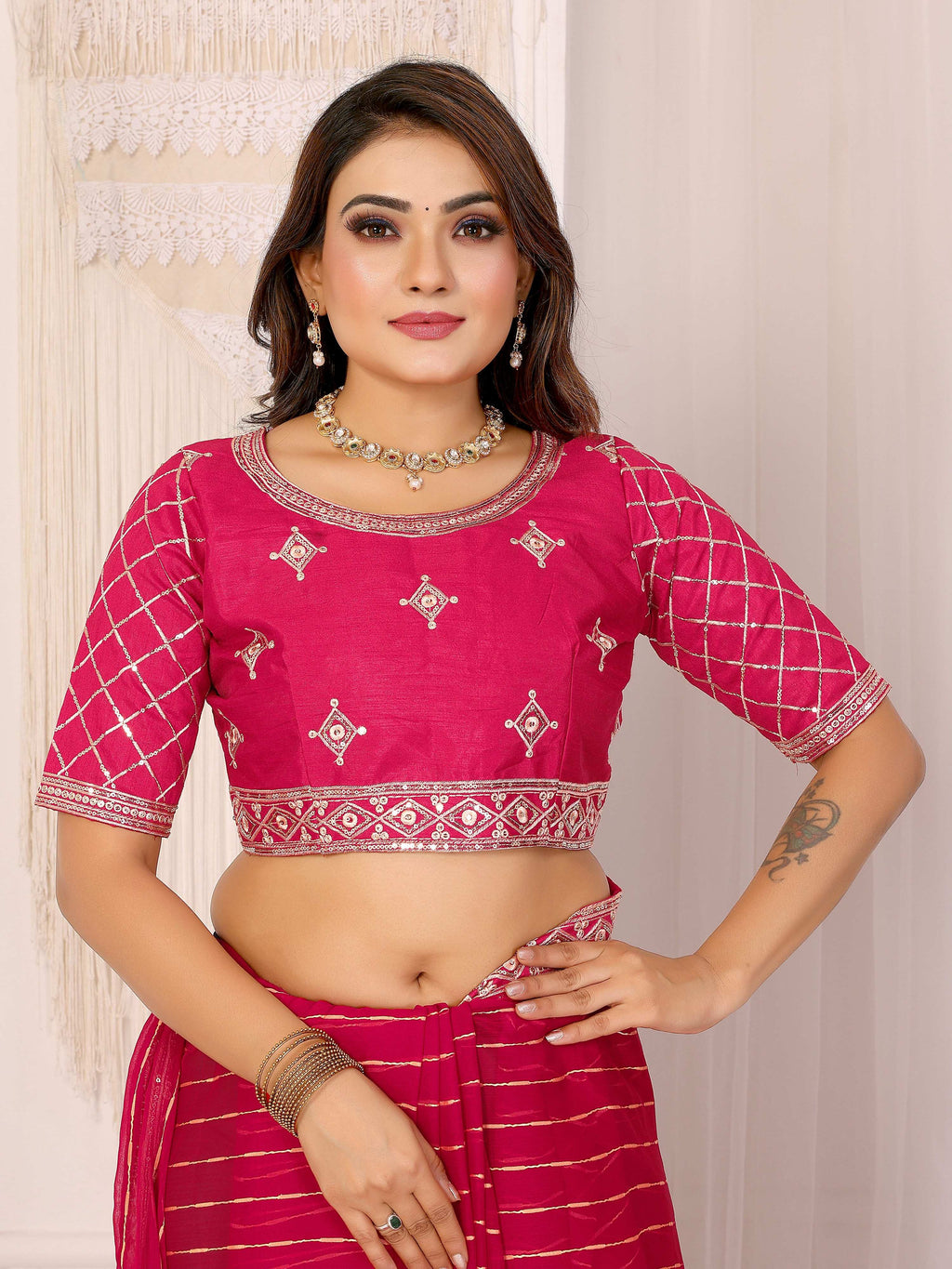Vedant Vastram Georgette Embroidered & Sequin work Bollywood Fancy Saree - Pink | Grocsy
