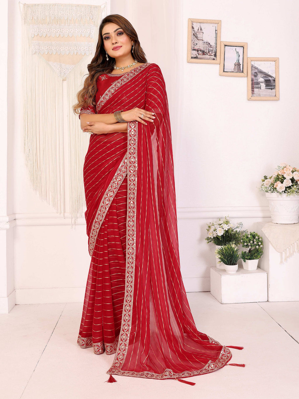 Vedant Vastram Georgette Embroidered & Sequin work Bollywood Fancy Saree - Red | Grocsy