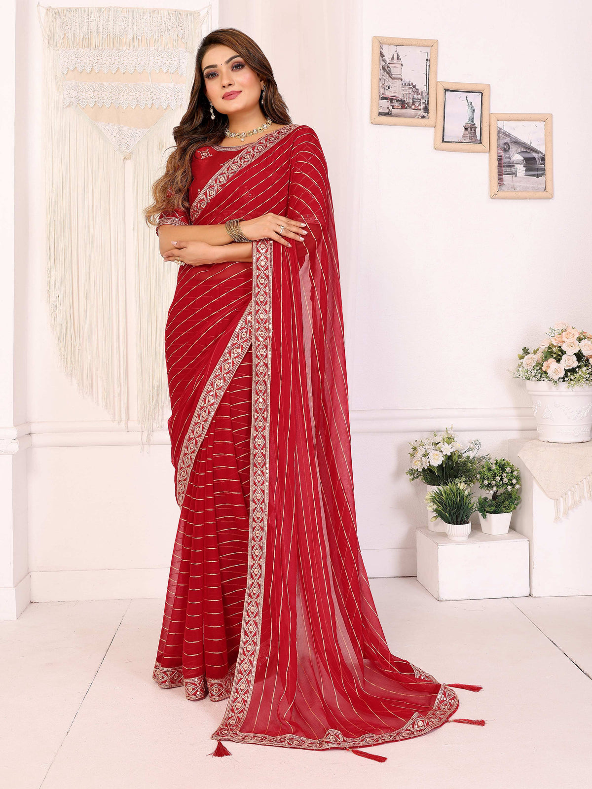 Vedant Vastram Georgette Embroidered & Sequin work Bollywood Fancy Saree - Red | Grocsy