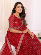 Vedant Vastram Georgette Embroidered & Sequin work Bollywood Fancy Saree - Red | Grocsy