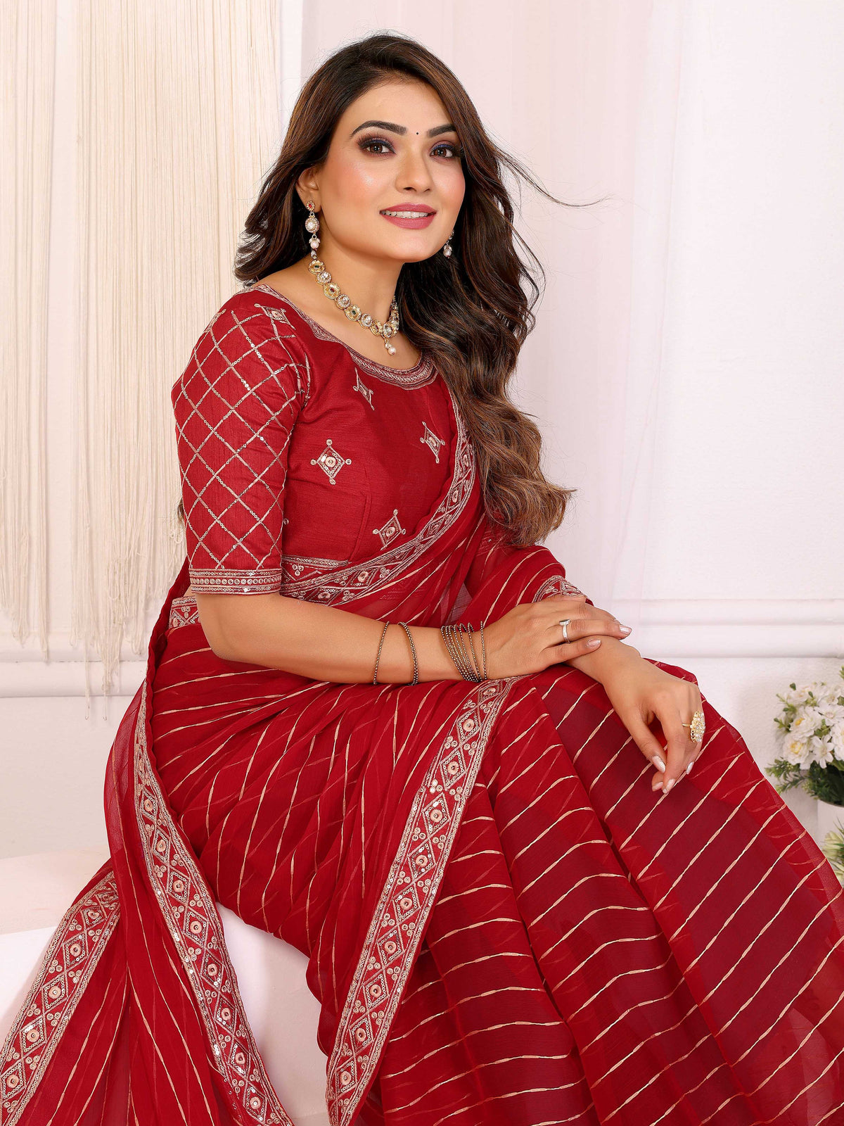 Vedant Vastram Georgette Embroidered & Sequin work Bollywood Fancy Saree - Red | Grocsy