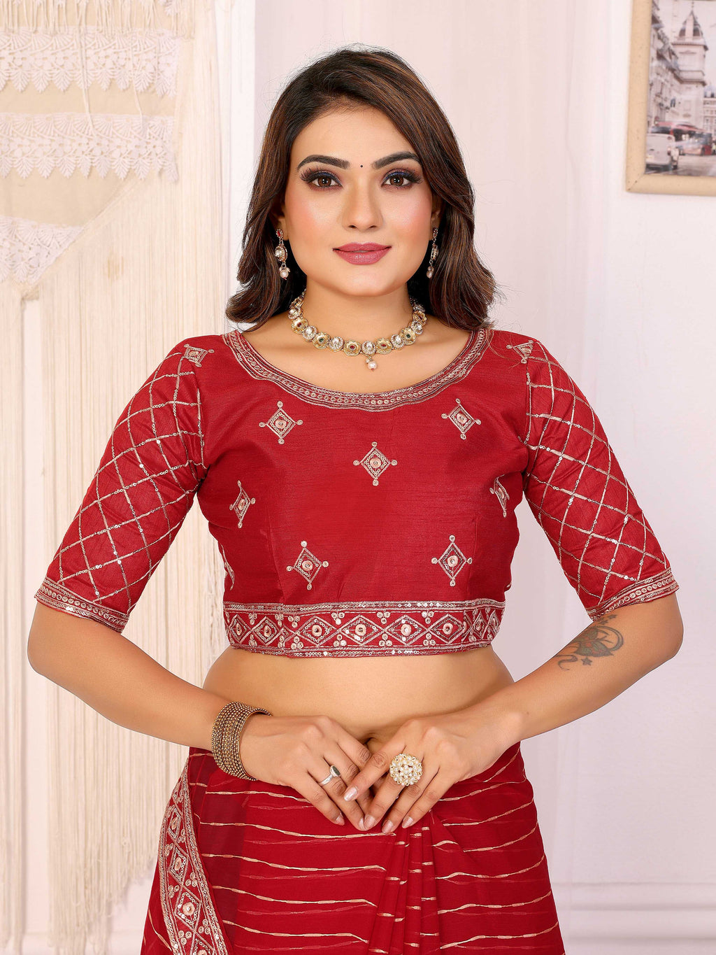 Vedant Vastram Georgette Embroidered & Sequin work Bollywood Fancy Saree - Red | Grocsy