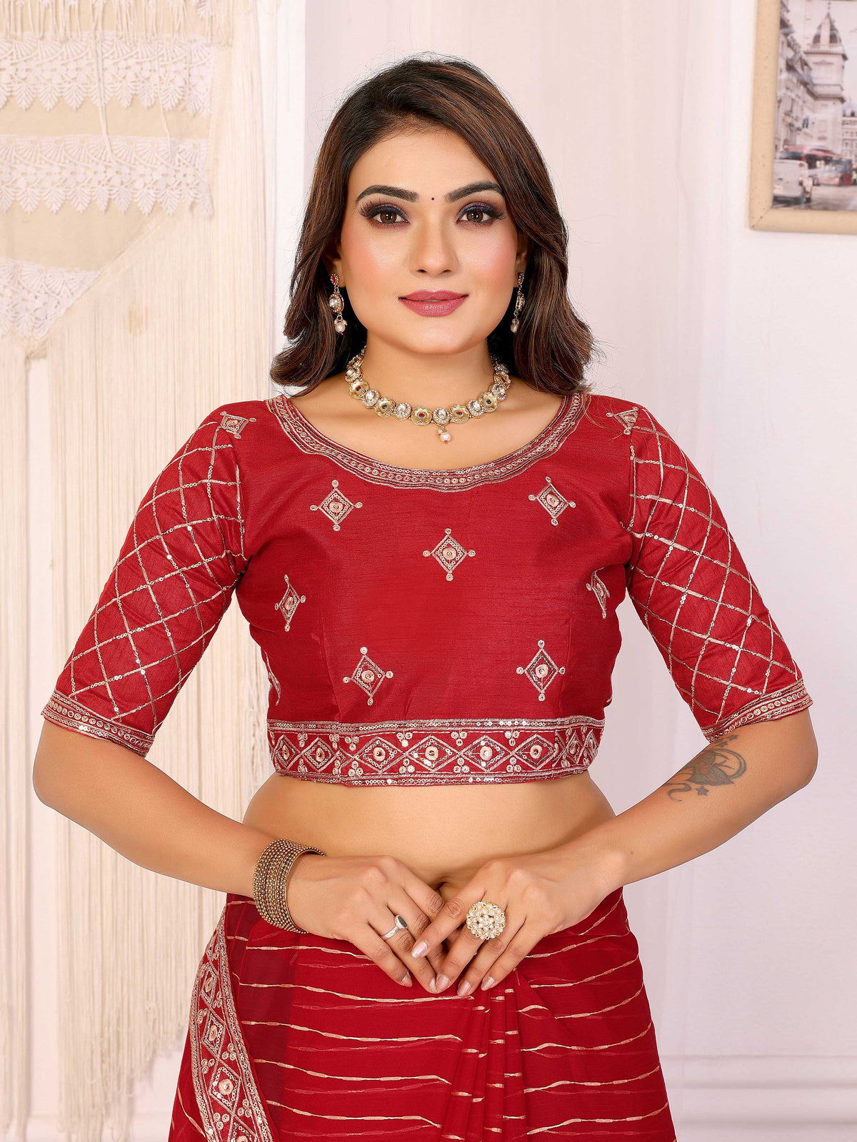 Vedant Vastram Georgette Embroidered & Sequin work Bollywood Fancy Saree - Red | Grocsy