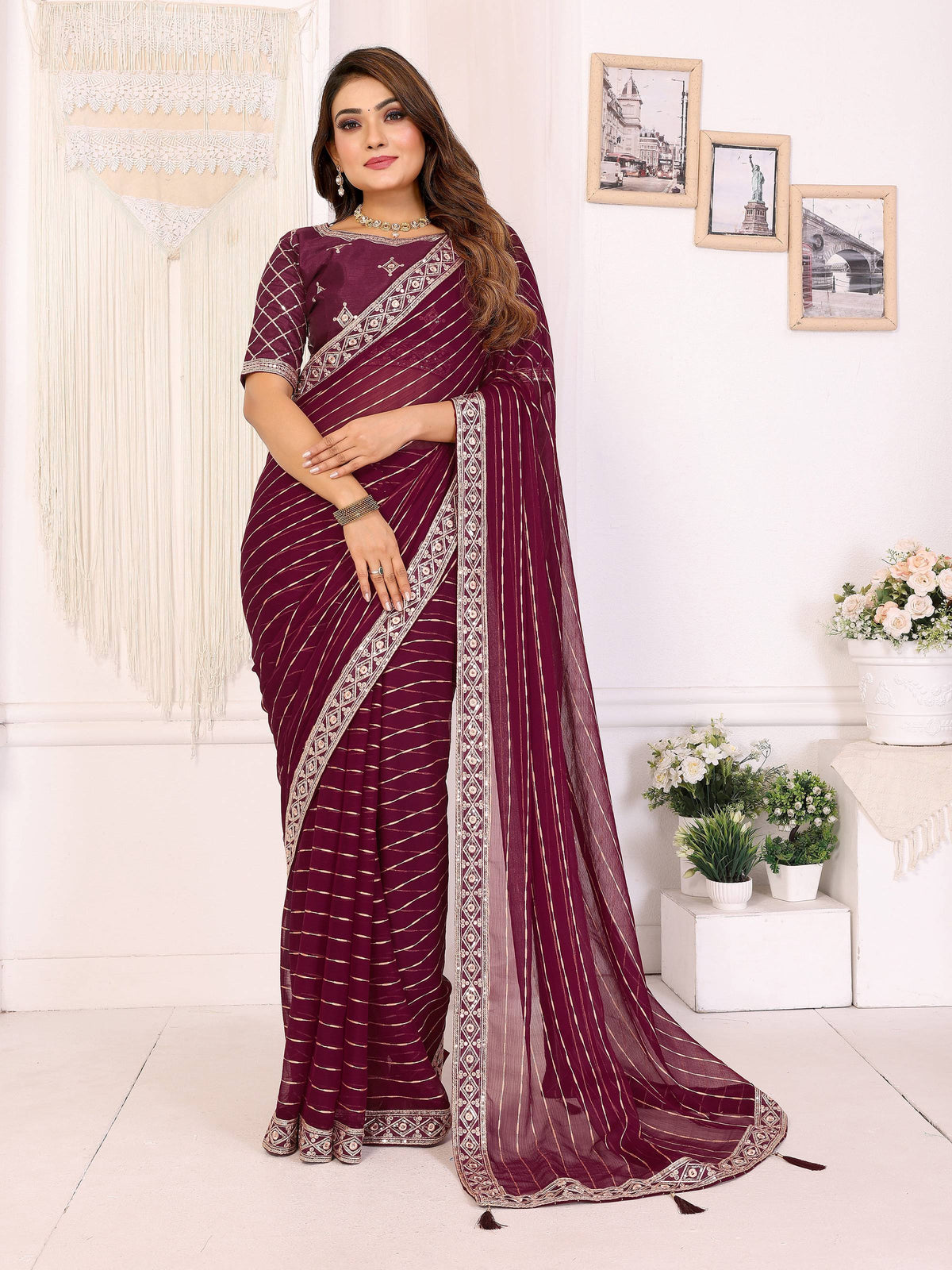 Vedant Vastram Georgette Embroidered & Sequin work Bollywood Fancy Saree - Wine | Grocsy