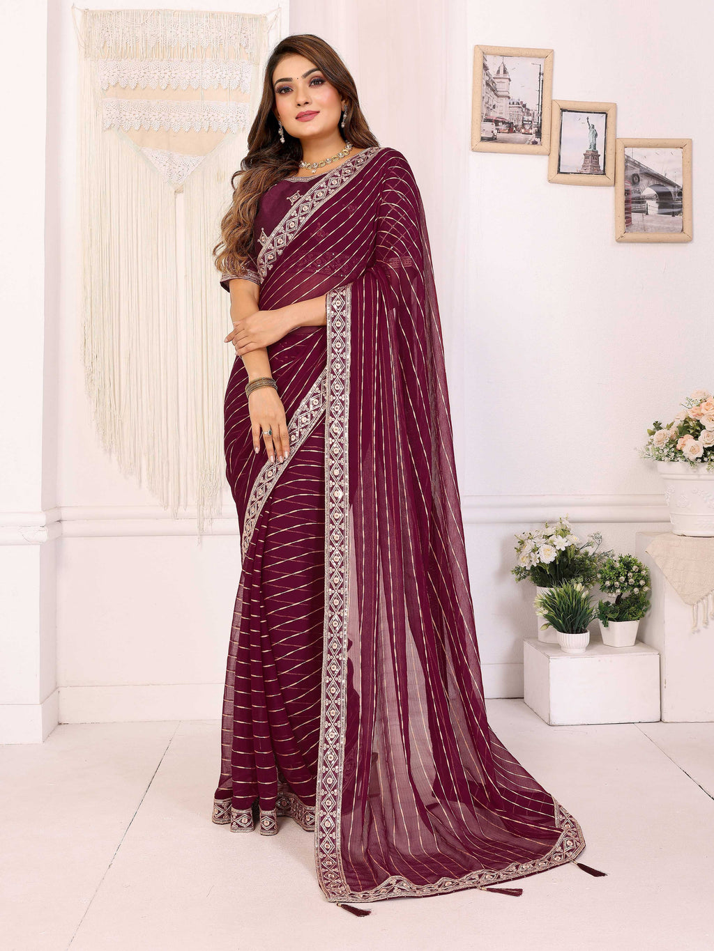Vedant Vastram Georgette Embroidered & Sequin work Bollywood Fancy Saree - Wine | Grocsy