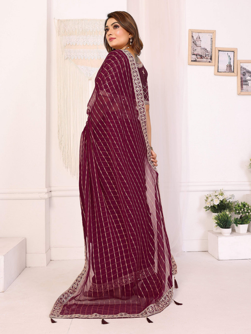 Vedant Vastram Georgette Embroidered & Sequin work Bollywood Fancy Saree - Wine | Grocsy