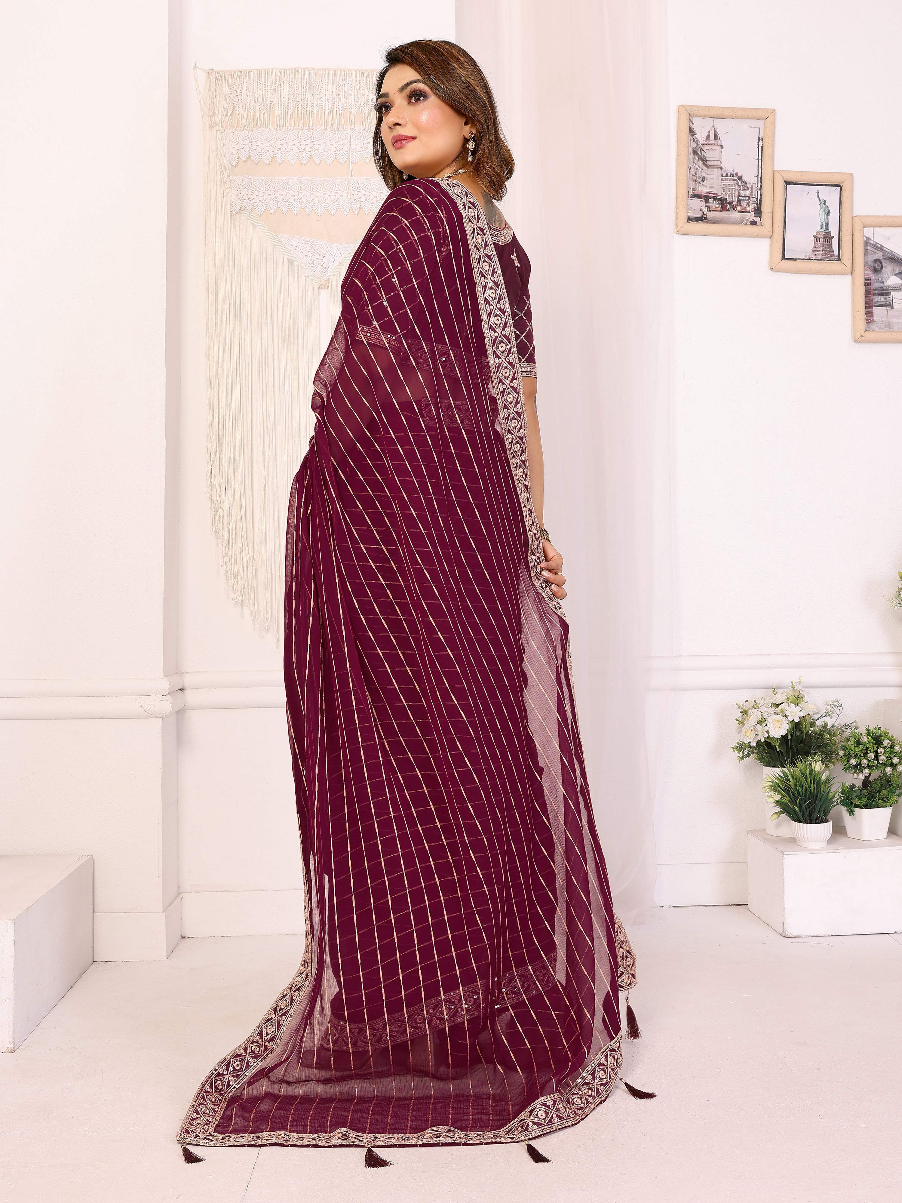 Vedant Vastram Georgette Embroidered & Sequin work Bollywood Fancy Saree - Wine | Grocsy