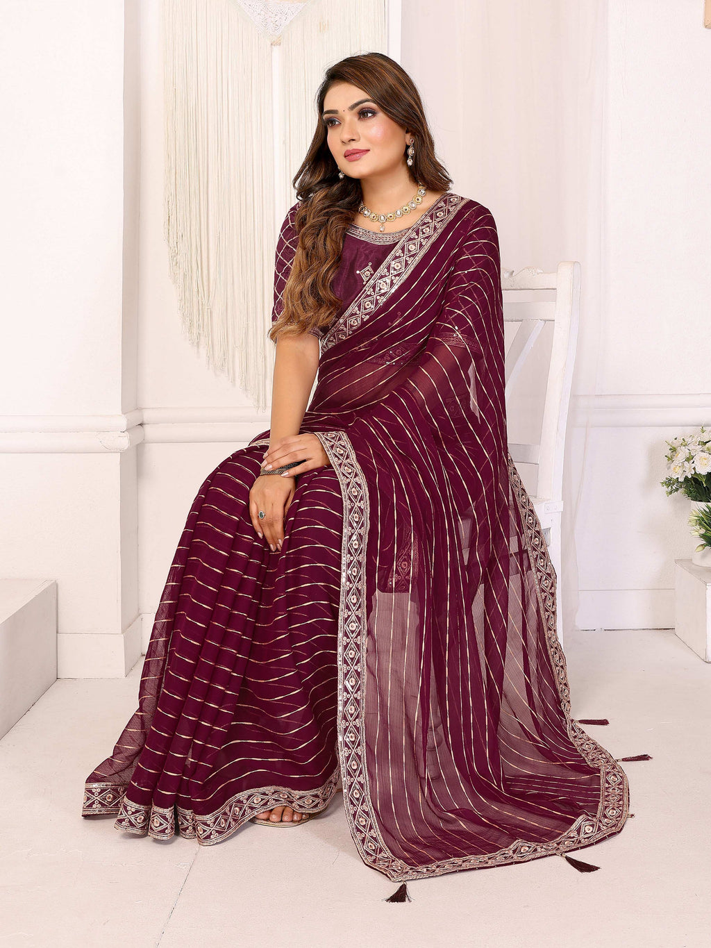 Vedant Vastram Georgette Embroidered & Sequin work Bollywood Fancy Saree - Wine | Grocsy