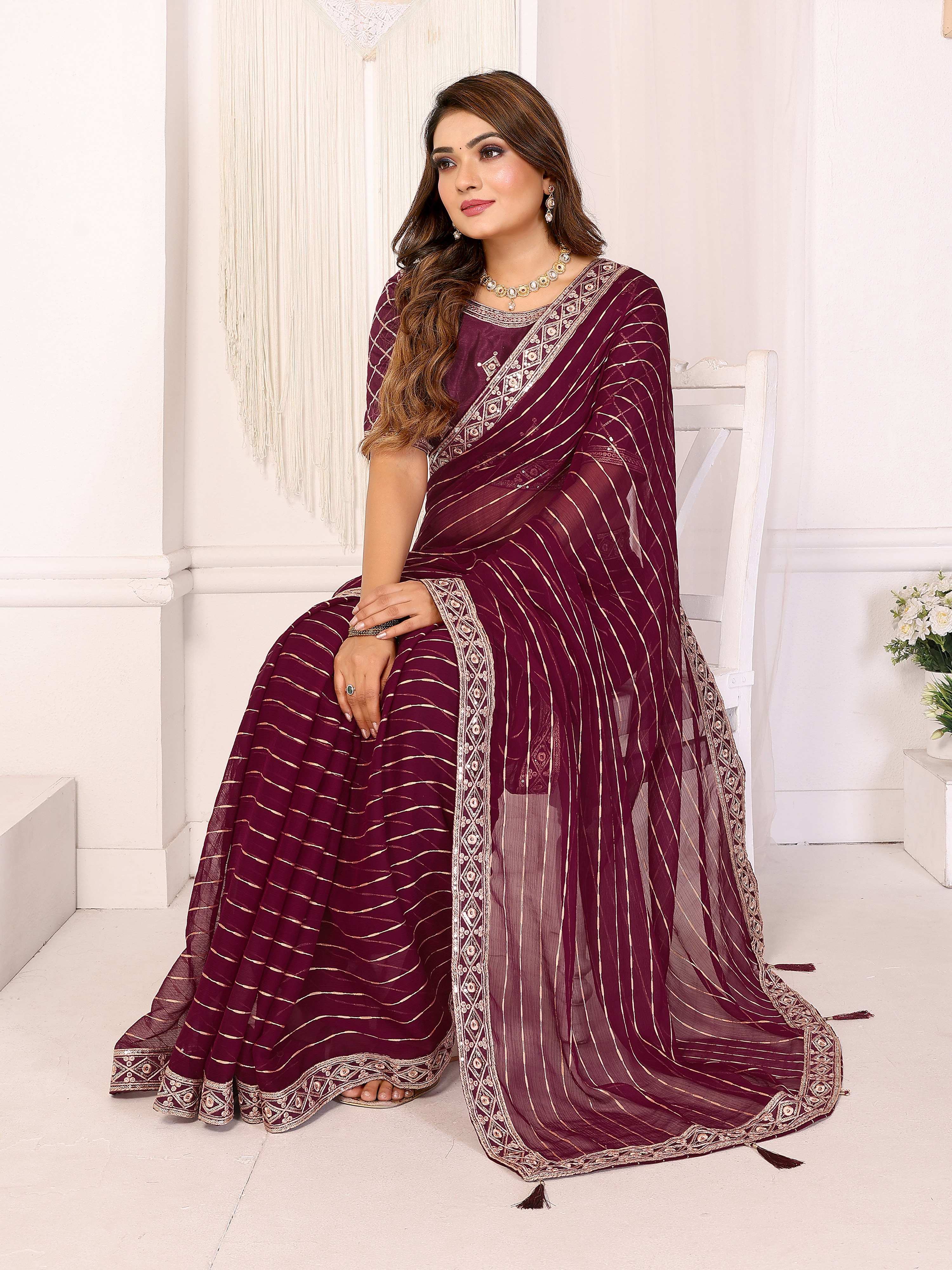 Vedant Vastram Georgette Embroidered & Sequin work Bollywood Fancy Saree - Wine | Grocsy