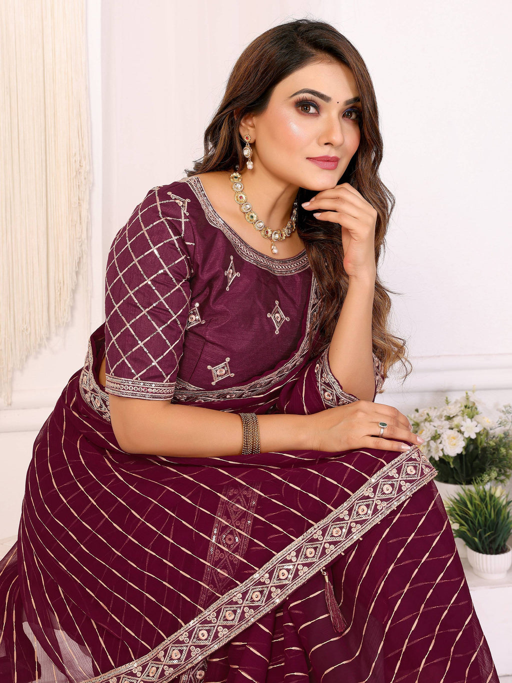 Vedant Vastram Georgette Embroidered & Sequin work Bollywood Fancy Saree - Wine | Grocsy