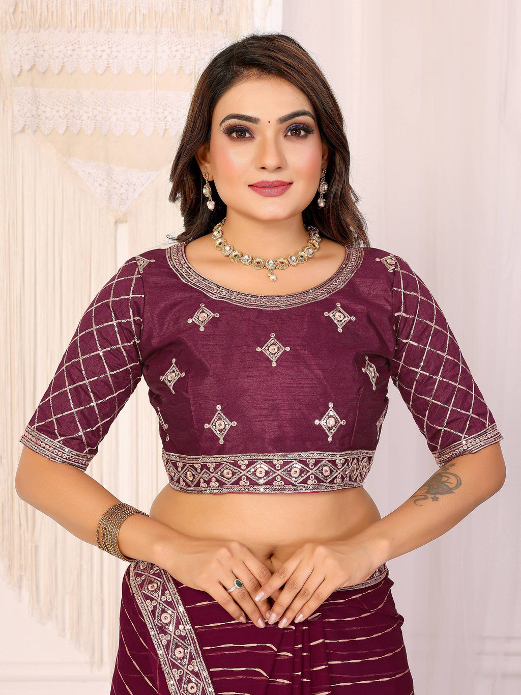 Vedant Vastram Georgette Embroidered & Sequin work Bollywood Fancy Saree - Wine | Grocsy