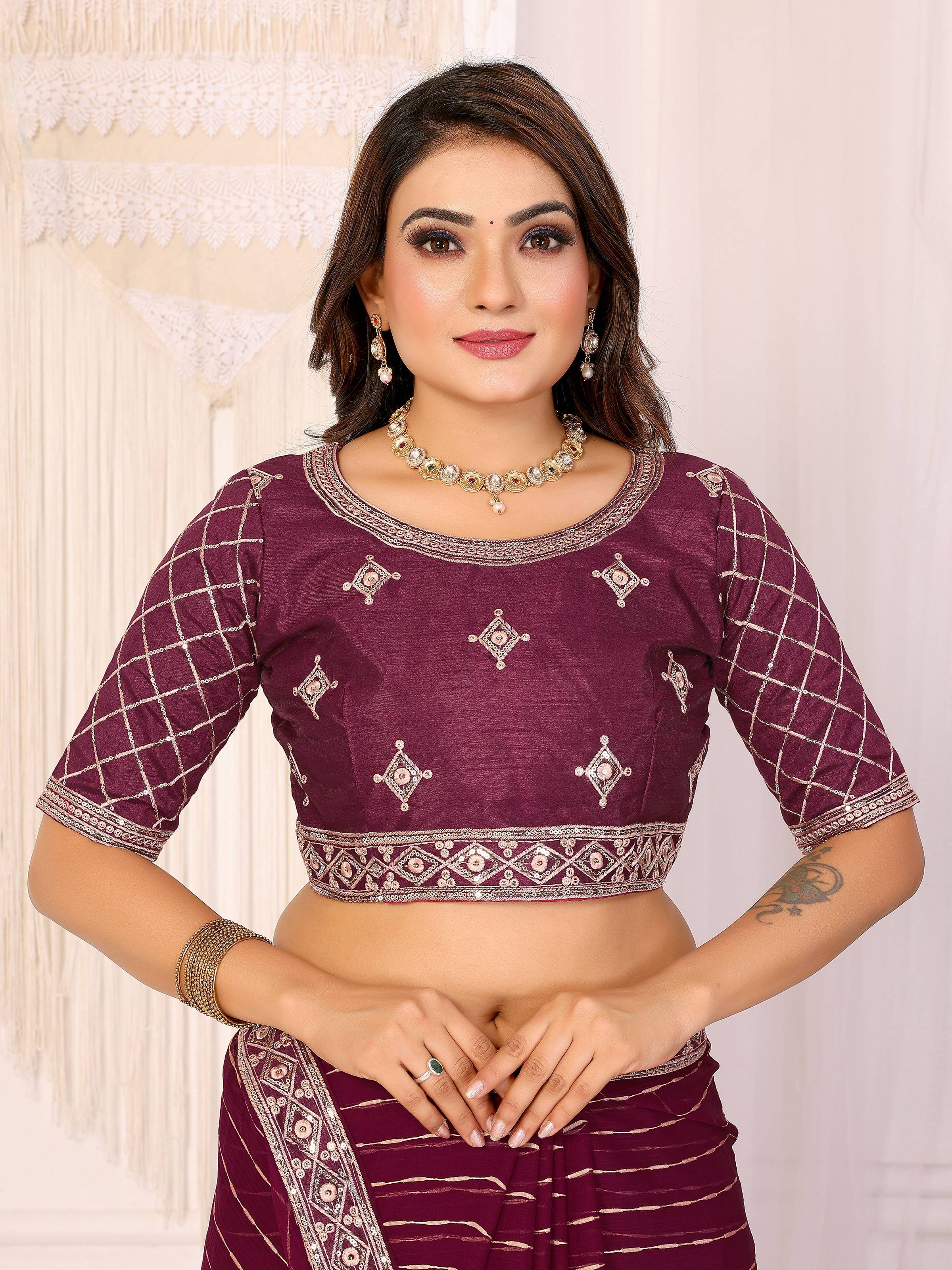 Vedant Vastram Georgette Embroidered & Sequin work Bollywood Fancy Saree - Wine | Grocsy