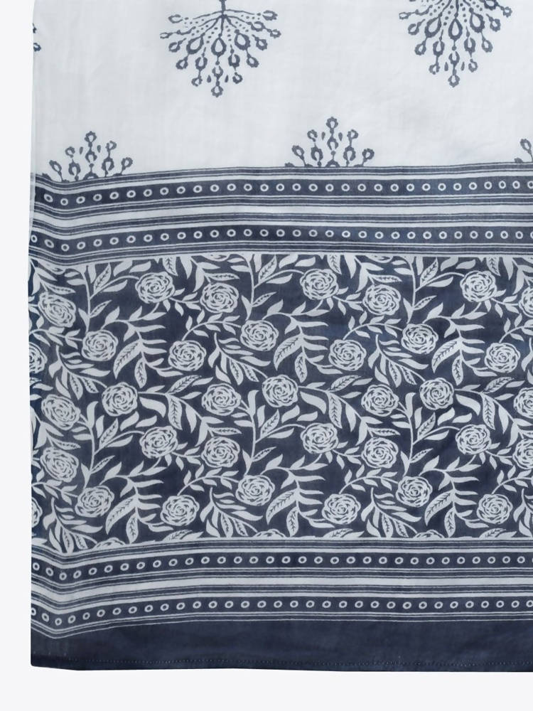 Yufta Women Blue & White Printed Pure Cotton Kurta with Trouser & Dupatta | Grocsy