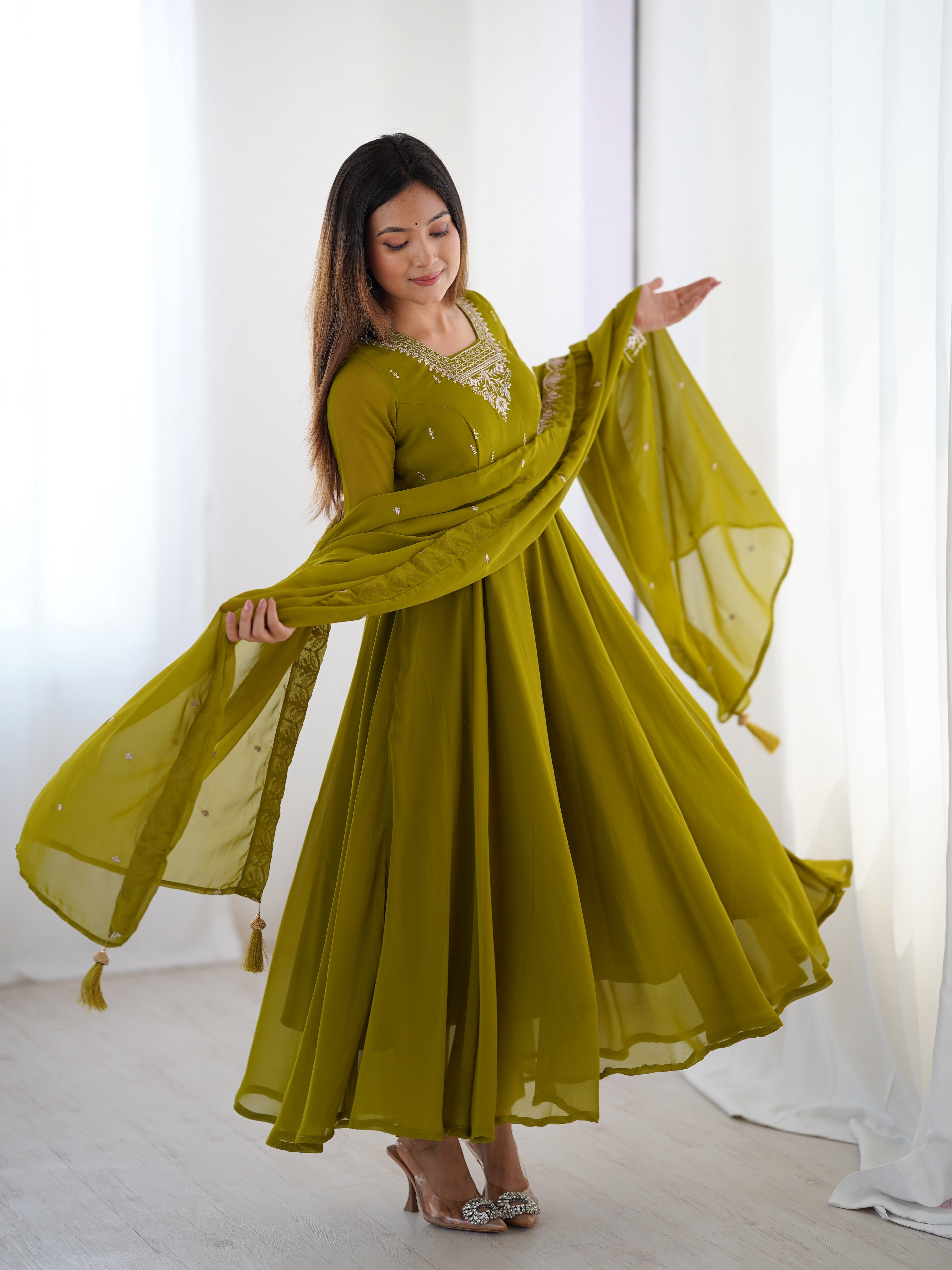 Lorenvalley Mahendi Faux Georgette Fancy Embroidery Beads And Jari Work Anarkali Kurta Palazzo With Dupatta Set | Grocsy