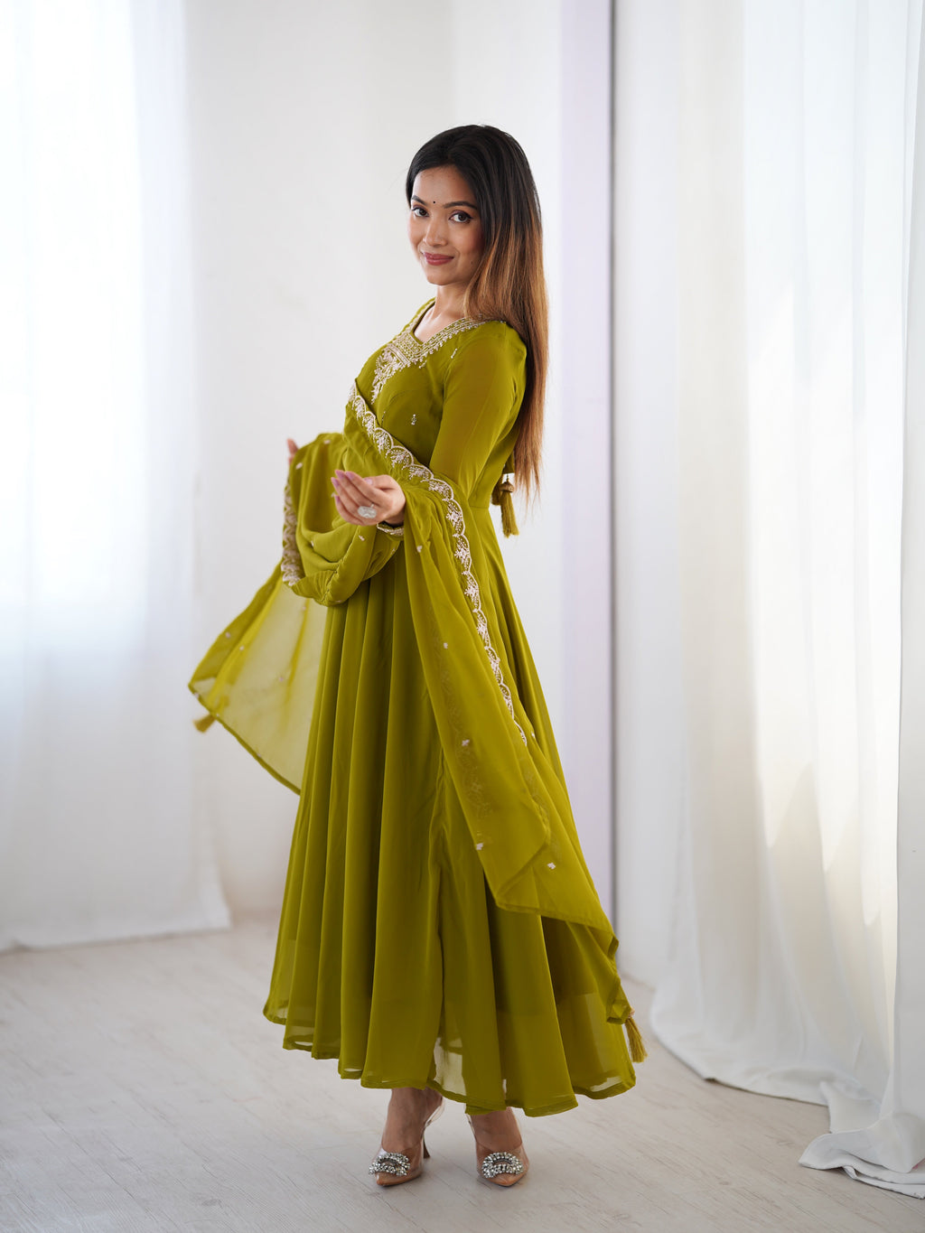 Lorenvalley Mahendi Faux Georgette Fancy Embroidery Beads And Jari Work Anarkali Kurta Palazzo With Dupatta Set | Grocsy