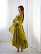 Lorenvalley Mahendi Faux Georgette Fancy Embroidery Beads And Jari Work Anarkali Kurta Palazzo With Dupatta Set | Grocsy