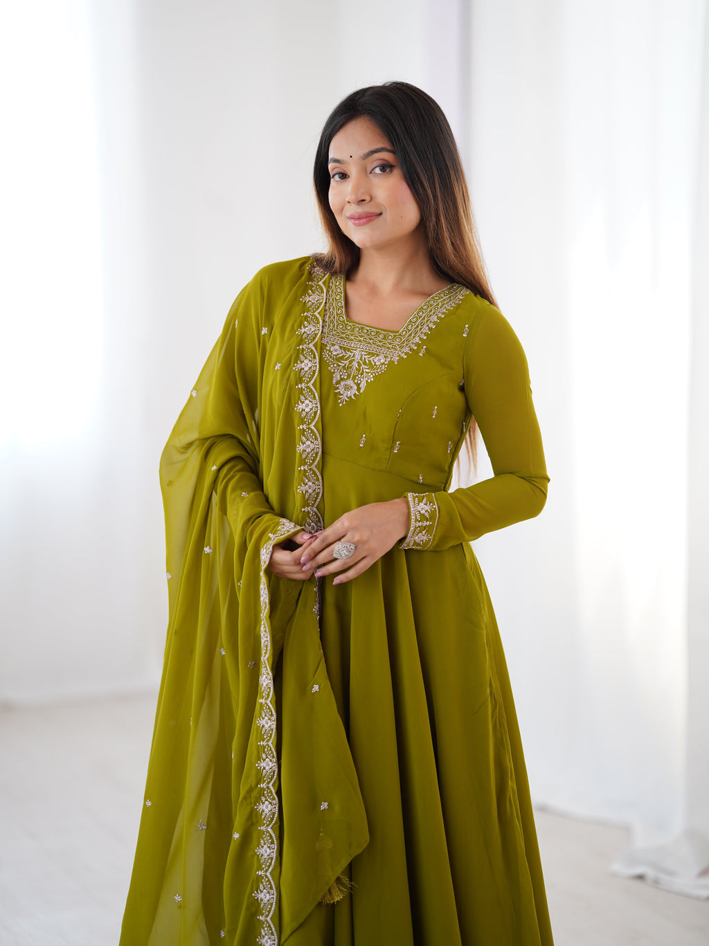 Lorenvalley Mahendi Faux Georgette Fancy Embroidery Beads And Jari Work Anarkali Kurta Palazzo With Dupatta Set | Grocsy