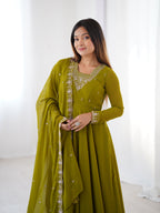 Lorenvalley Mahendi Faux Georgette Fancy Embroidery Beads And Jari Work Anarkali Kurta Palazzo With Dupatta Set | Grocsy