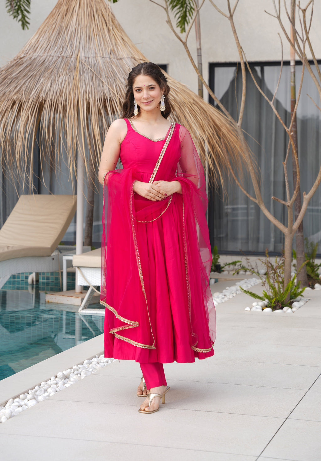Lorenvalley Magenta Pure Romansilk Chanderi Fabric Yoke Fancy Lace Work Anarkali Kurta Pant With Dupatta Set | Grocsy