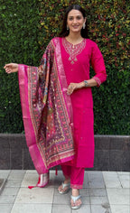 Lorenvalley Fashion Magenta Roman Silk Embroidery Multi Work Kurta Pant with Dupatta | Grocsy