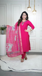 Lorenvalley Fashion Magenta Roman Silk Hand Work Kurta Pant with Dupatta | Grocsy
