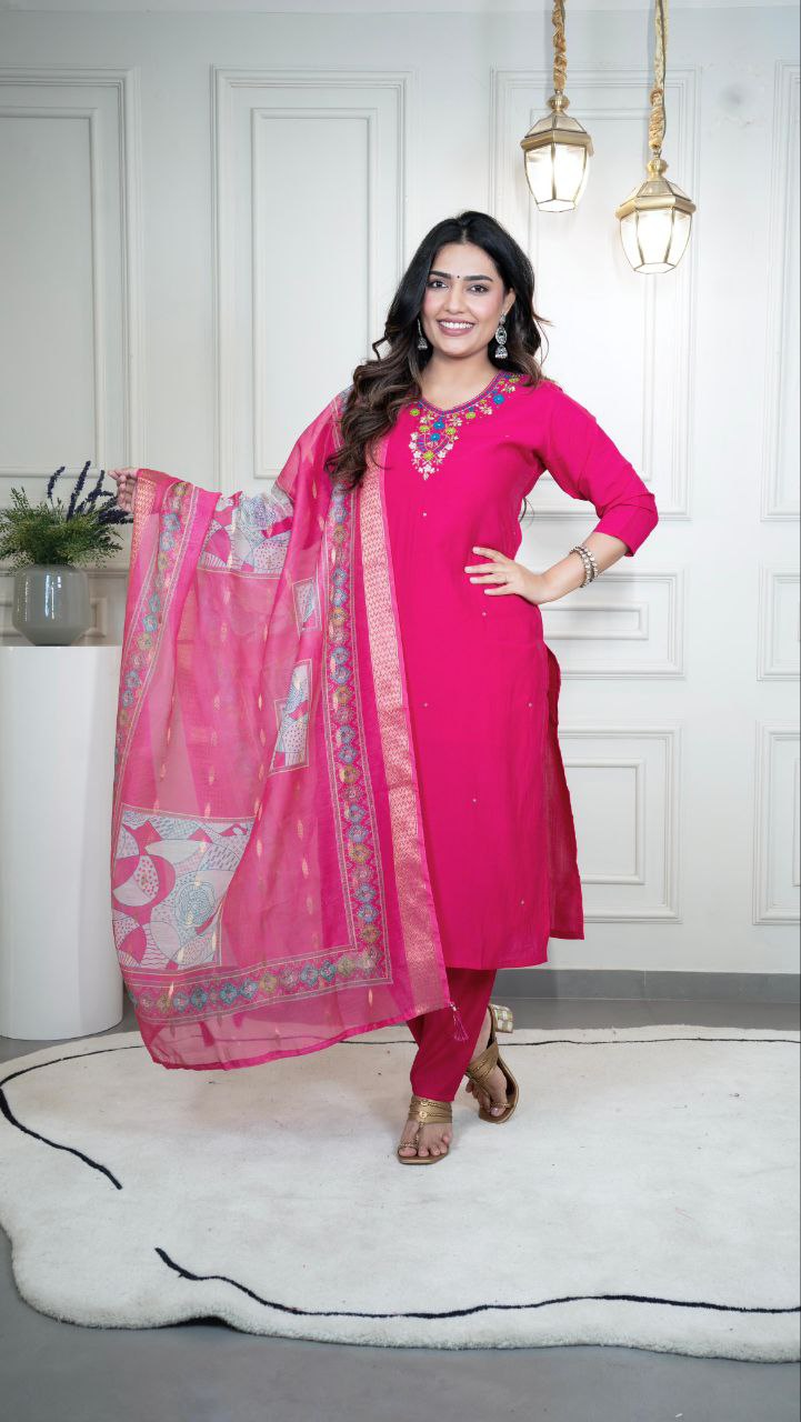 Lorenvalley Fashion Magenta Roman Silk Hand Work Kurta Pant with Dupatta | Grocsy