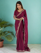 Lorenvalley Fashion Dark Magenta Rangoli Silk with Coding Lace Work Saree with Blouse | Grocsy
