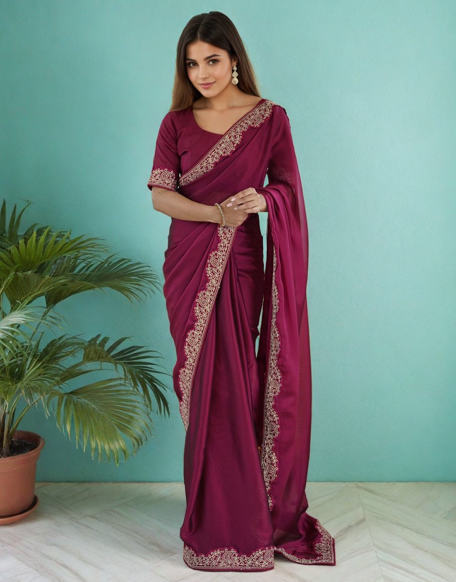 Lorenvalley Fashion Dark Magenta Rangoli Silk with Coding Lace Work Saree with Blouse | Grocsy