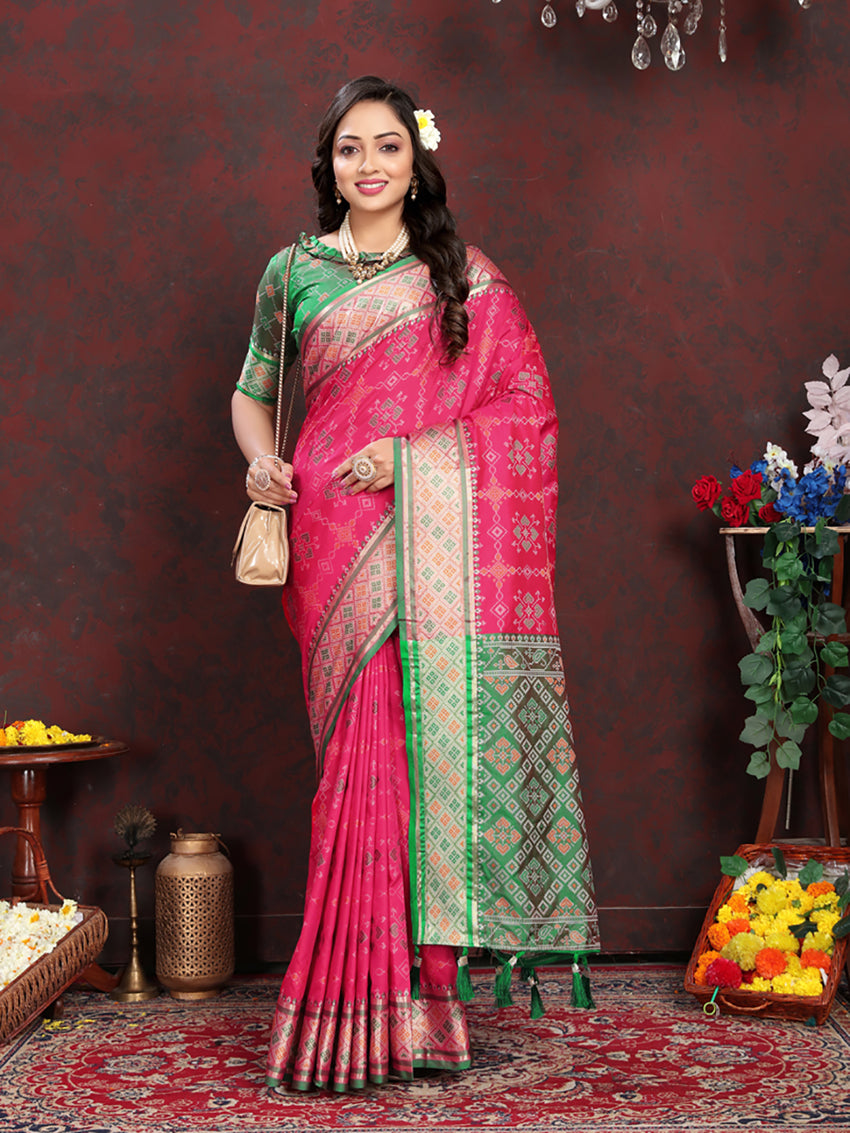 Lorenvalley Fashion Magenta Patola Silk Woven Design with Zari Meenakari Weaving motifs Pallu Saree | Grocsy