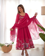 Lorenvalley Parrot Soft Organza Silk With Floral Print Fully Flared Anarkali Pant With Dupatta Set - Magenta | Grocsy