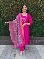 Lorenvalley Fashion Magenta Roman Silk Hand Work Kurta Pant with Dupatta | Grocsy