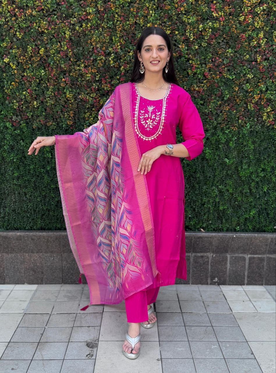 Lorenvalley Fashion Magenta Roman Silk Hand Work Kurta Pant with Dupatta | Grocsy