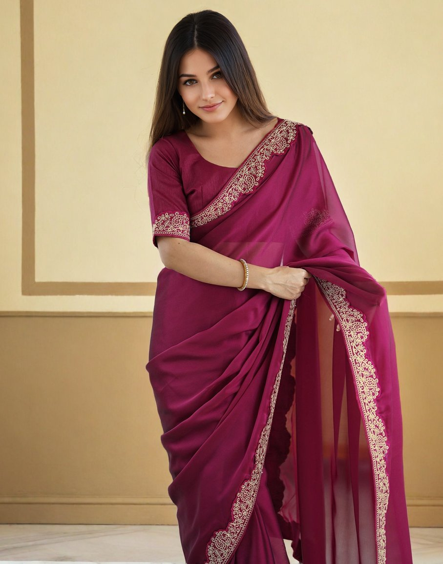 Lorenvalley Fashion Dark Magenta Rangoli Silk with Coding Lace Work Saree with Blouse | Grocsy