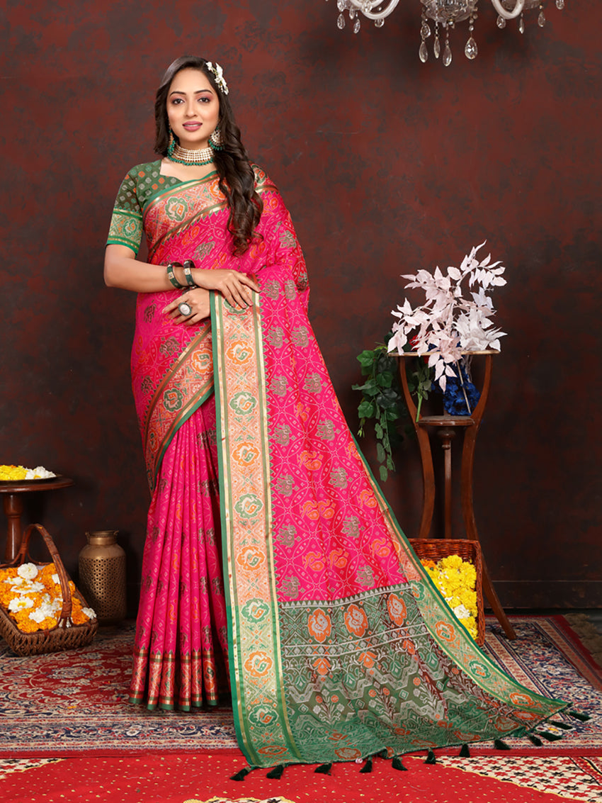 Lorenvalley Fashion Magenta Patola Silk Woven Design with Zari Meenakari Weaving motifs Pallu Saree | Grocsy