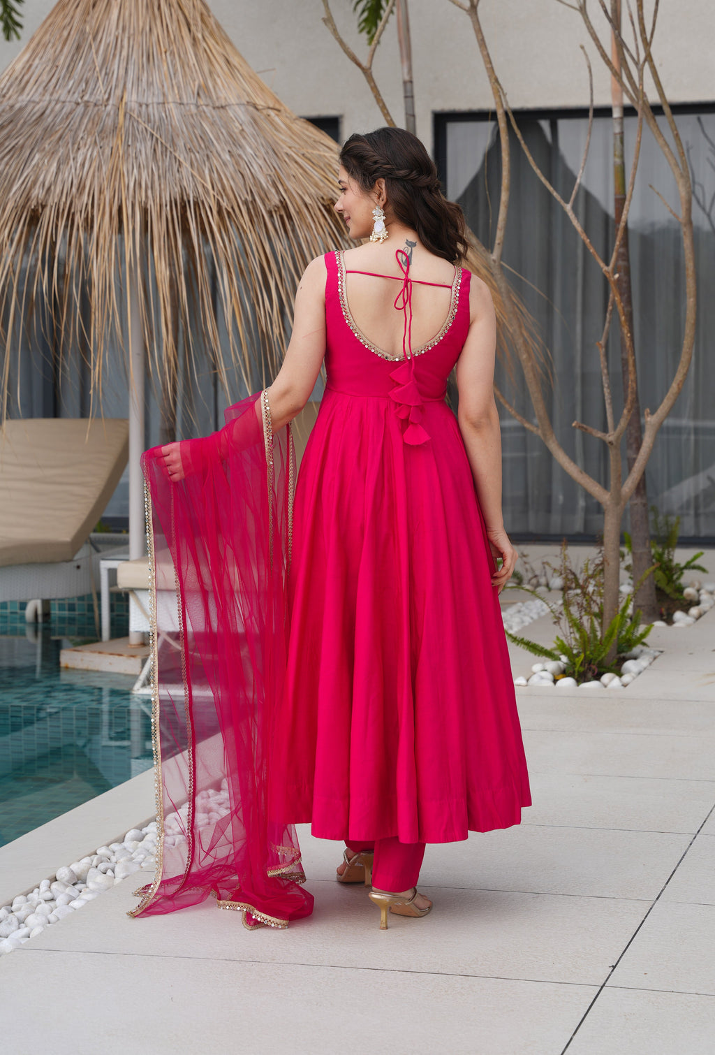 Lorenvalley Magenta Pure Romansilk Chanderi Fabric Yoke Fancy Lace Work Anarkali Kurta Pant With Dupatta Set | Grocsy