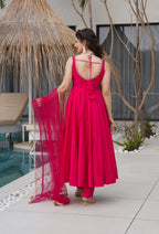 Lorenvalley Magenta Pure Romansilk Chanderi Fabric Yoke Fancy Lace Work Anarkali Kurta Pant With Dupatta Set | Grocsy