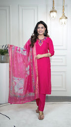 Lorenvalley Fashion Magenta Roman Silk Hand Work Kurta Pant with Dupatta | Grocsy