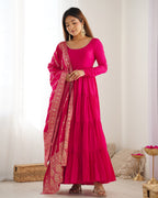 Lorenvalley Women Pure Roman silk Chanderi Fabric Layer Gathering Anarkali Kurta Pant With Dupatta Set - Magenta | Grocsy