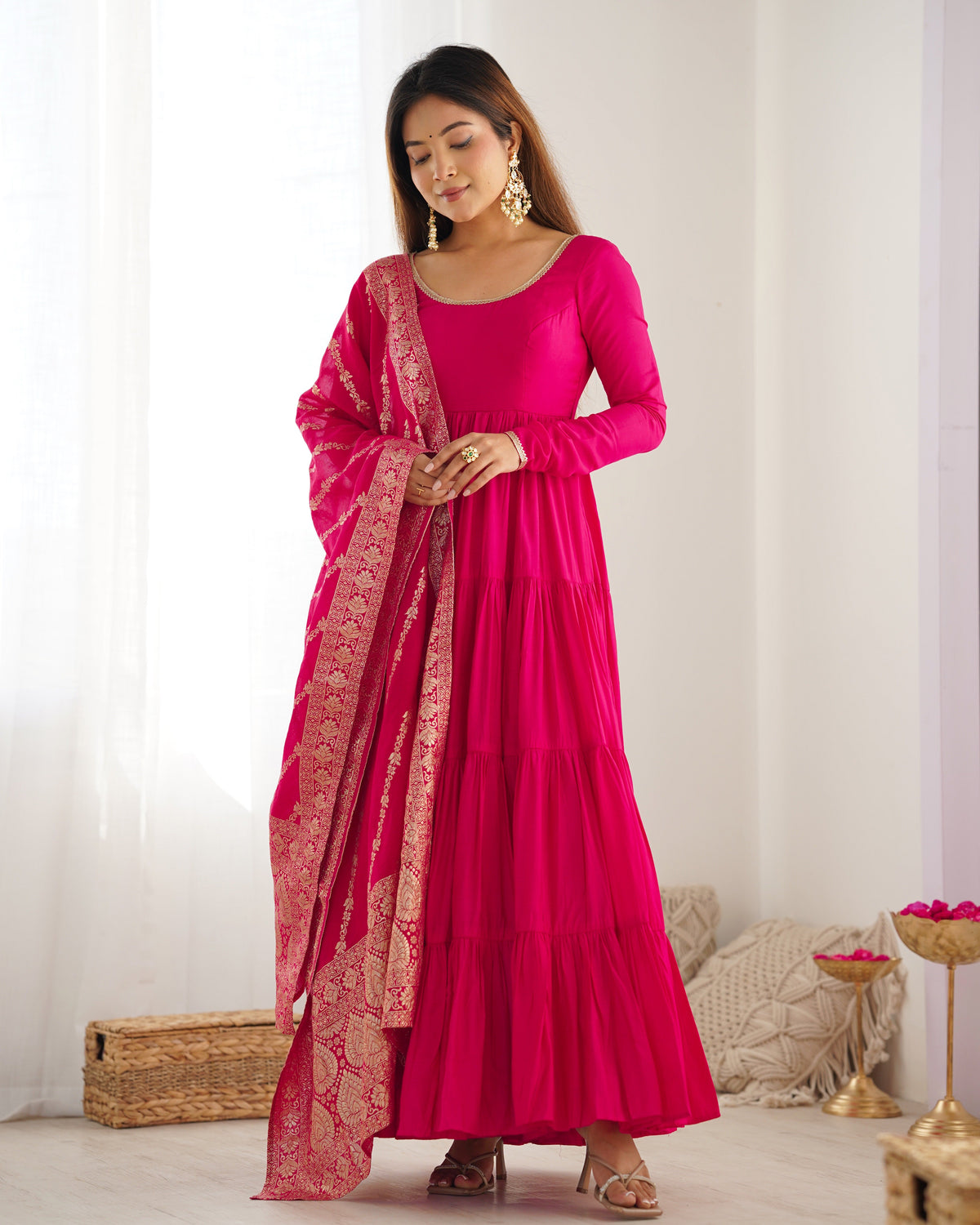 Lorenvalley Women Pure Roman silk Chanderi Fabric Layer Gathering Anarkali Kurta Pant With Dupatta Set - Magenta | Grocsy